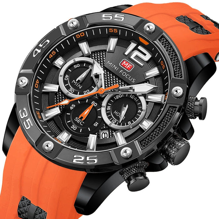 Waterproof Chronograph Watch for Men: black, orange wristwatch, sporty, rugged, chronograph-style style