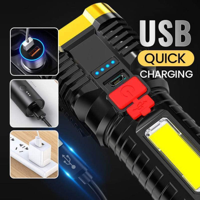 Waterproof LED Flashlight for Outdoor Use with Ultra Bright Side Lamp: black, gray handheld LED flashlight/work light, modern
