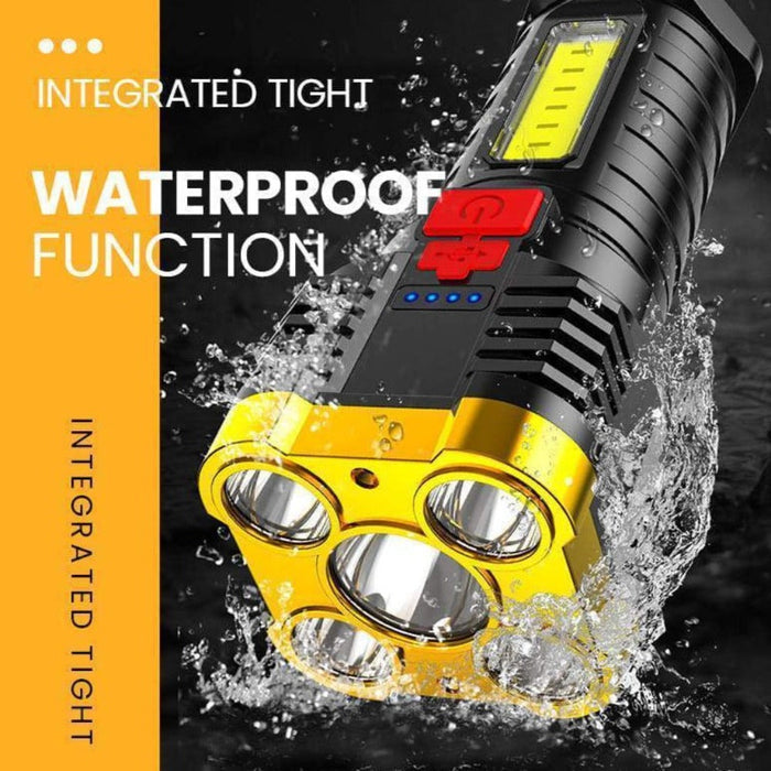 Waterproof LED Flashlight for Outdoor Use with Ultra Bright Side Lamp: black, gray handheld LED flashlight/work light, modern