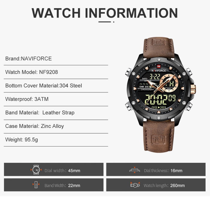 Waterproof Men's Military Watch with Dual Functionality: black, brown wristwatch, sporty, rugged, multifunction analog-digita
