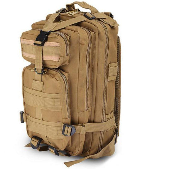 Waterproof Outdoor Backpack for Hiking and Camping with Military-Inspired Design: tan, black backpack, tactical style
