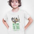 Welcome to the Wild Boys Jungle Tee: white, green cartoon monkey/jungle theme