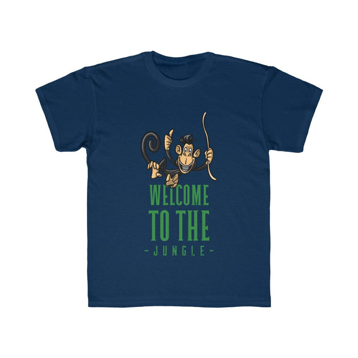 Welcome to the Wild Boys Jungle Tee: white, green cartoon monkey/jungle theme