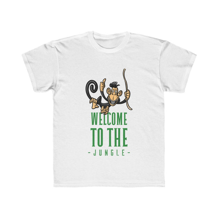 Welcome to the Wild Boys Jungle Tee: white, green cartoon monkey/jungle theme