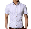 White Checkered Button-Up Shirt for Men with Short Sleeves: white, light blue short-sleeve button-up shirt, casual style