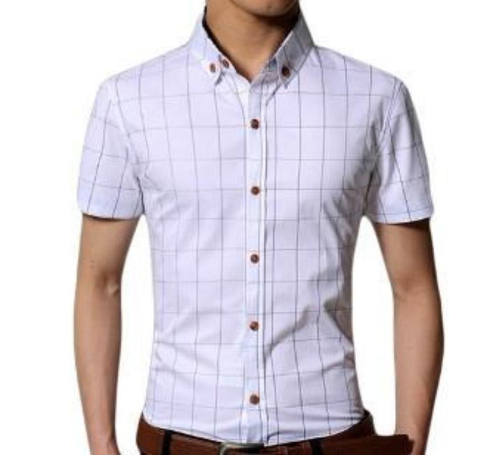 White Checkered Button-Up Shirt for Men with Short Sleeves: white, light blue short-sleeve button-up shirt, casual style