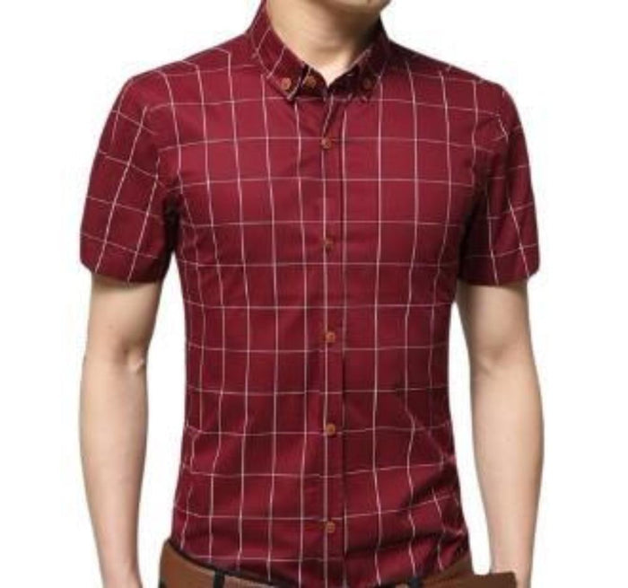 White Checkered Button-Up Shirt for Men with Short Sleeves: white, light blue short-sleeve button-up shirt, casual style