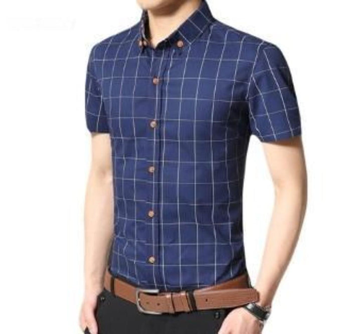White Checkered Button-Up Shirt for Men with Short Sleeves: white, light blue short-sleeve button-up shirt, casual style