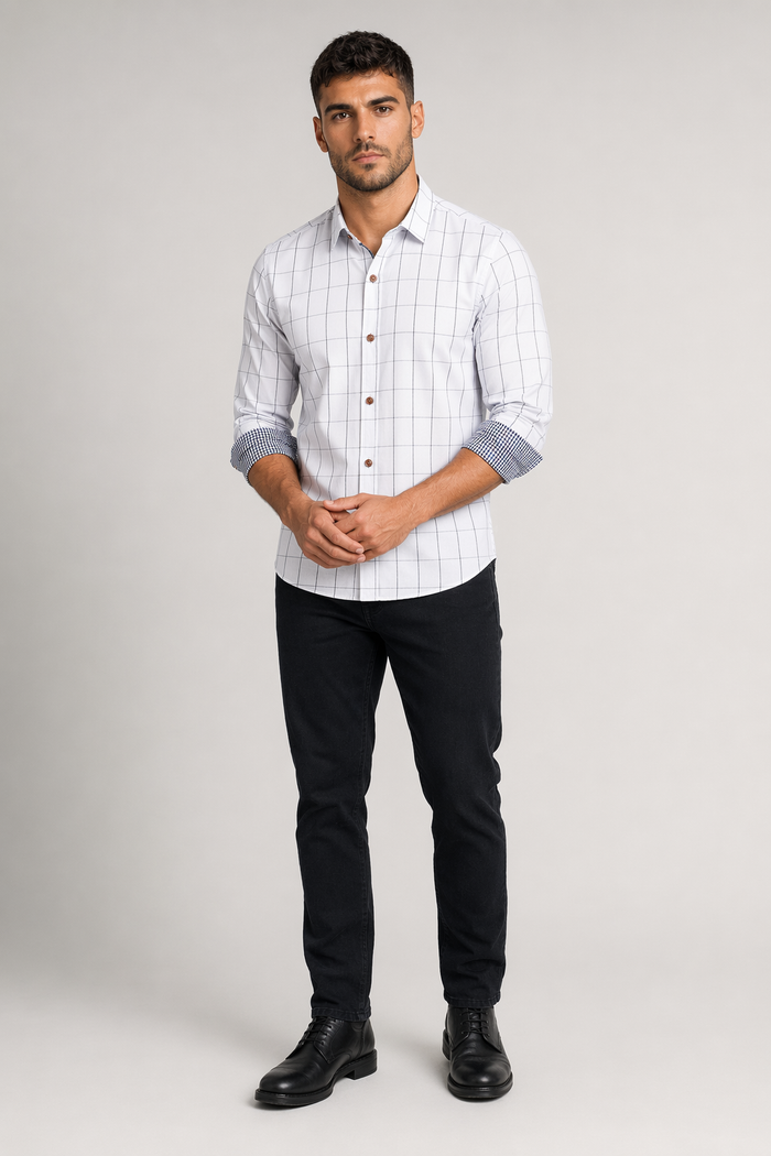 White Plaid Button Up Shirt for Men Default
