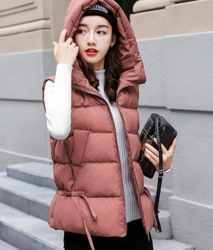White Women's Puffer Vest with Zipper Closure and Hood: white puffer vest, casual style
