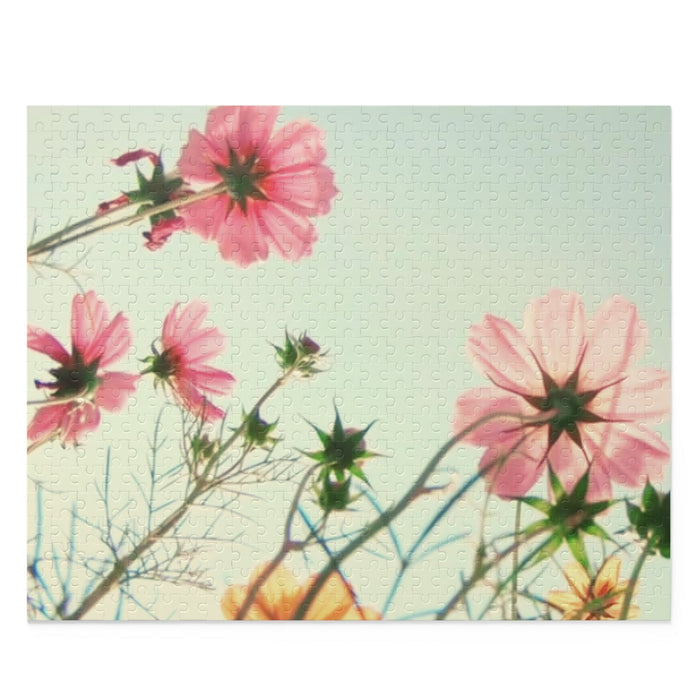 Wild Blossoms 500-Piece Puzzle: pale green, pink pink flowers, botanical photography style