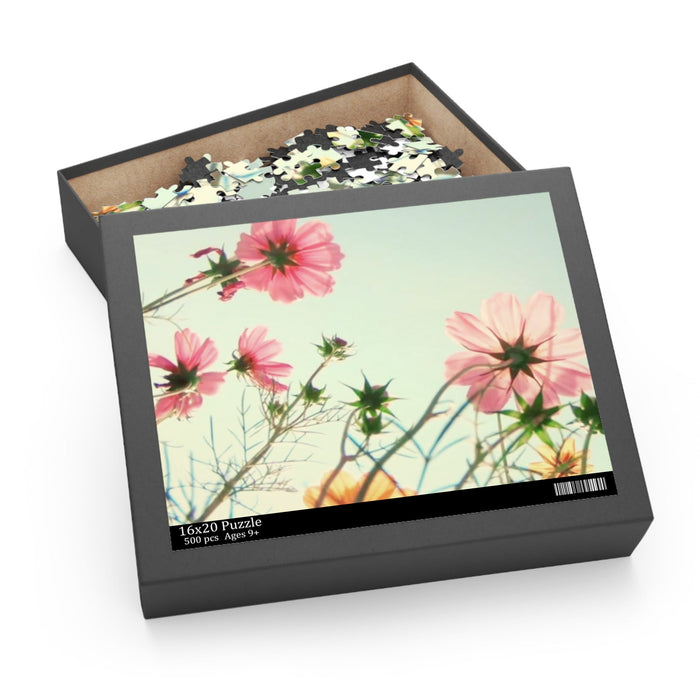 Wild Blossoms 500-Piece Puzzle: pale green, pink pink flowers, botanical photography style