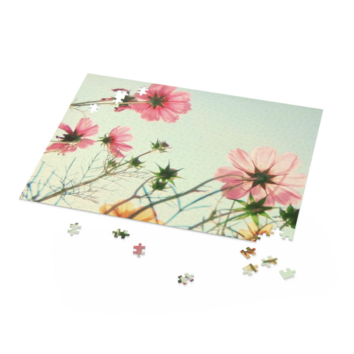 Wild Blossoms 500-Piece Puzzle: pale green, pink pink flowers, botanical photography style