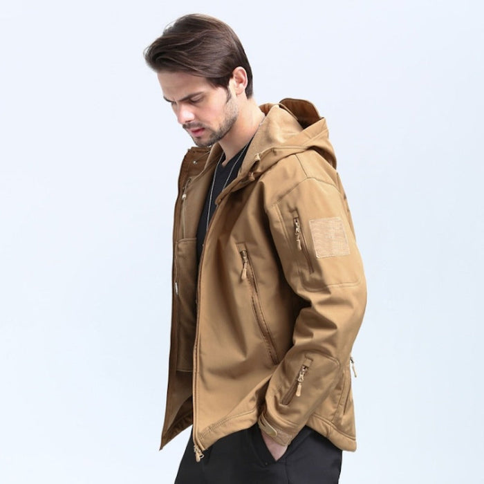 Wind and Waterproof Military-Inspired Men's Jacket: olive green, black hooded zip-up jacket, tactical outdoor style
