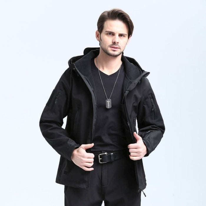 Wind and Waterproof Military-Inspired Men's Jacket: olive green, black hooded zip-up jacket, tactical outdoor style