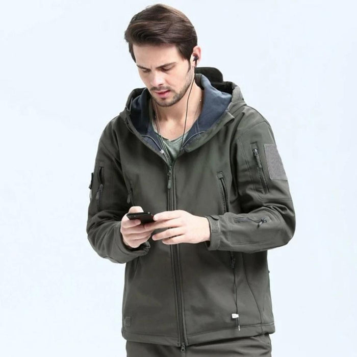 Wind and Waterproof Military-Inspired Men's Jacket: olive green, black hooded zip-up jacket, tactical outdoor style