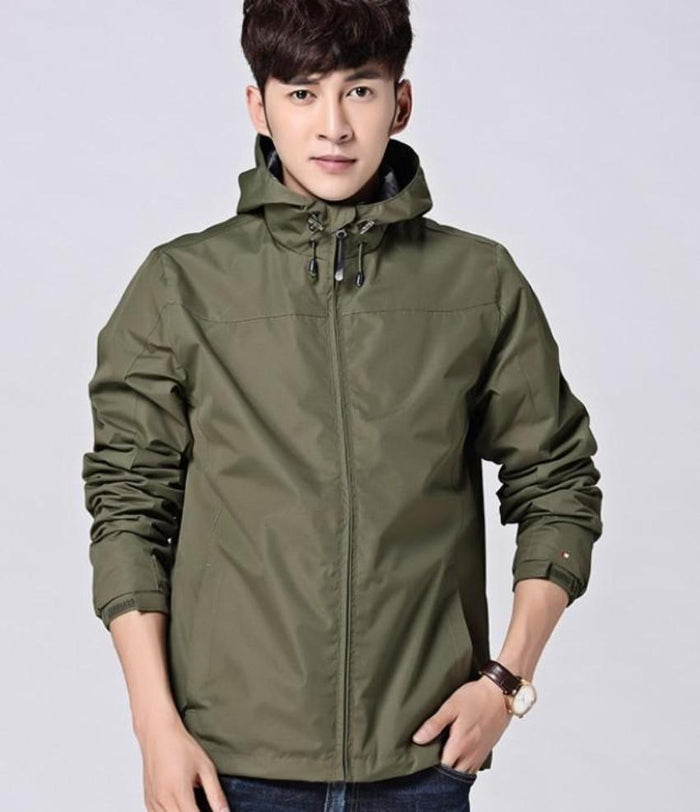 Windproof Hooded Jacket for Men with Elevated Collar: olive green, black hooded zip-up jacket, minimal casual outerwear style