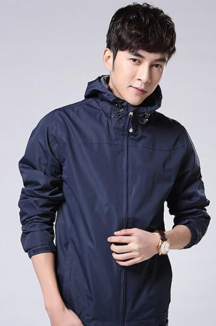 Windproof Hooded Jacket for Men with Elevated Collar: olive green, black hooded zip-up jacket, minimal casual outerwear style