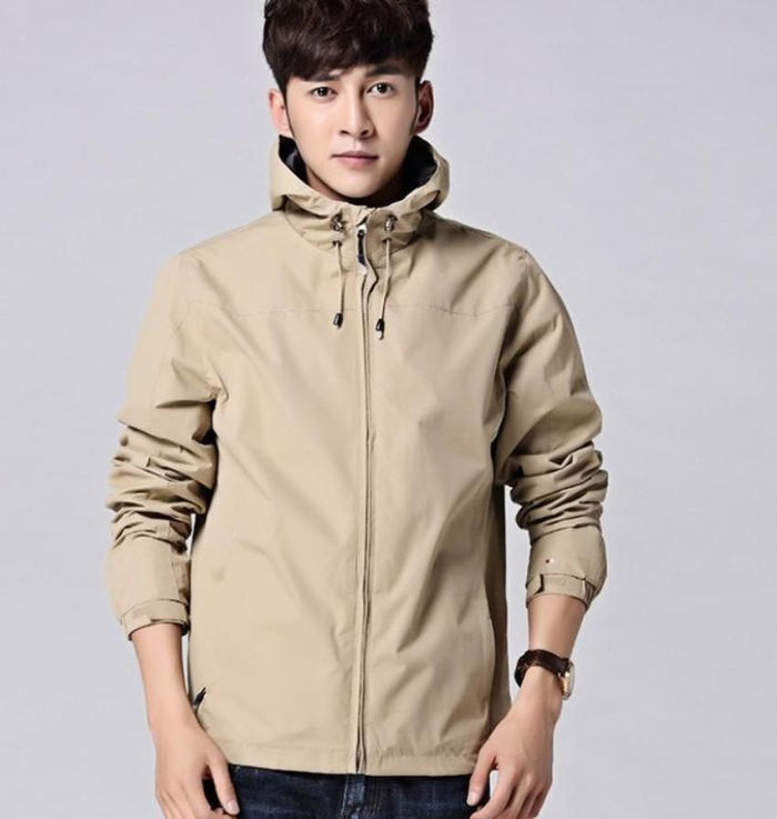 Windproof Hooded Jacket for Men with Elevated Collar: olive green, black hooded zip-up jacket, minimal casual outerwear style