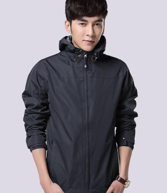 Windproof Hooded Jacket for Men with Elevated Collar: olive green, black hooded zip-up jacket, minimal casual outerwear style