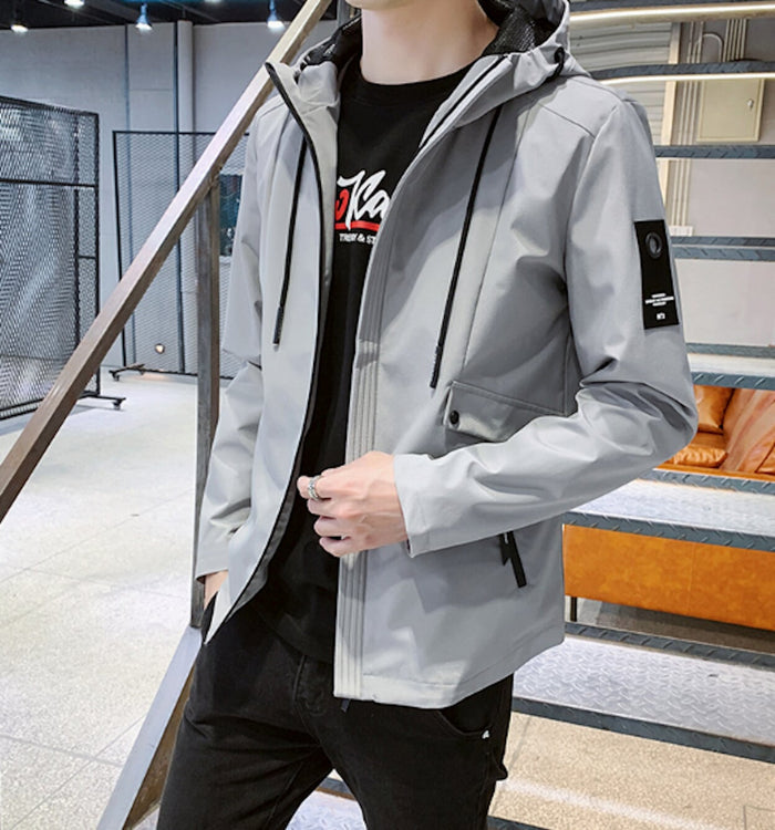 Windproof Hooded Jacket for Men: light gray, black hooded zip-up jacket, minimal casual outdoor style