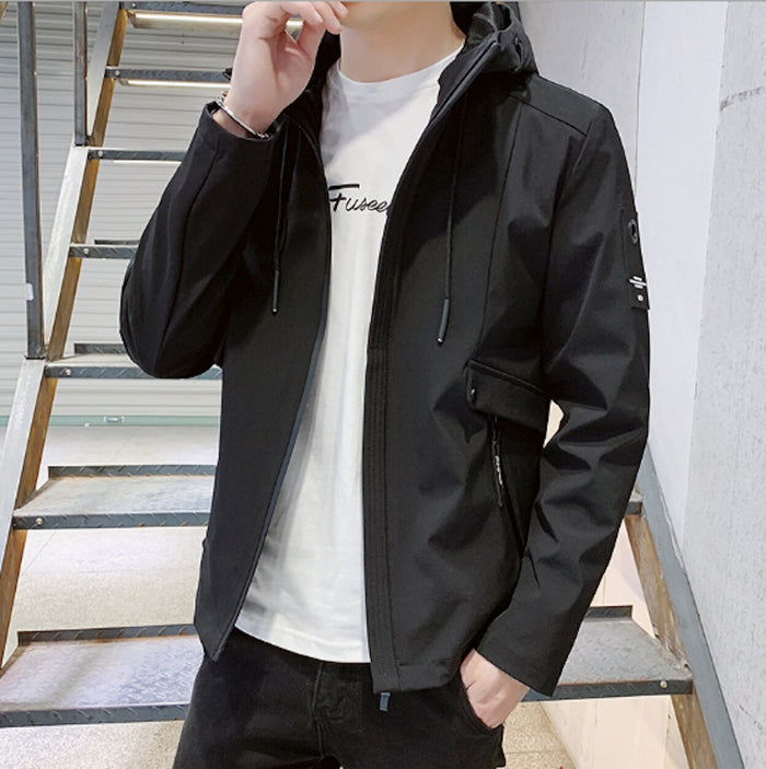 Windproof Hooded Jacket for Men: light gray, black hooded zip-up jacket, minimal casual outdoor style