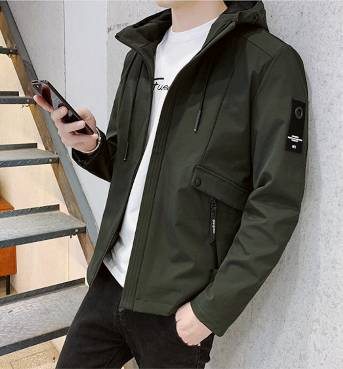 Windproof Hooded Jacket for Men: light gray, black hooded zip-up jacket, minimal casual outdoor style