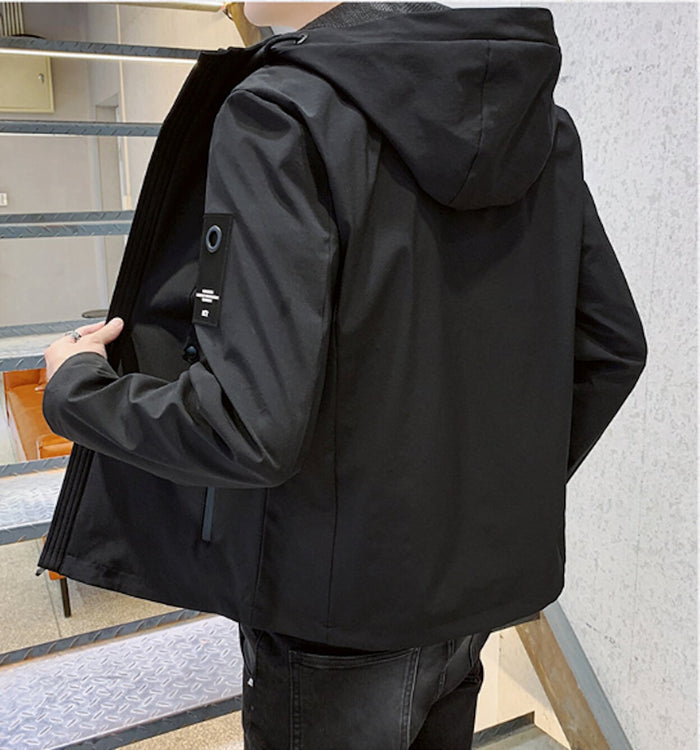 Windproof Hooded Jacket for Men: light gray, black hooded zip-up jacket, minimal casual outdoor style