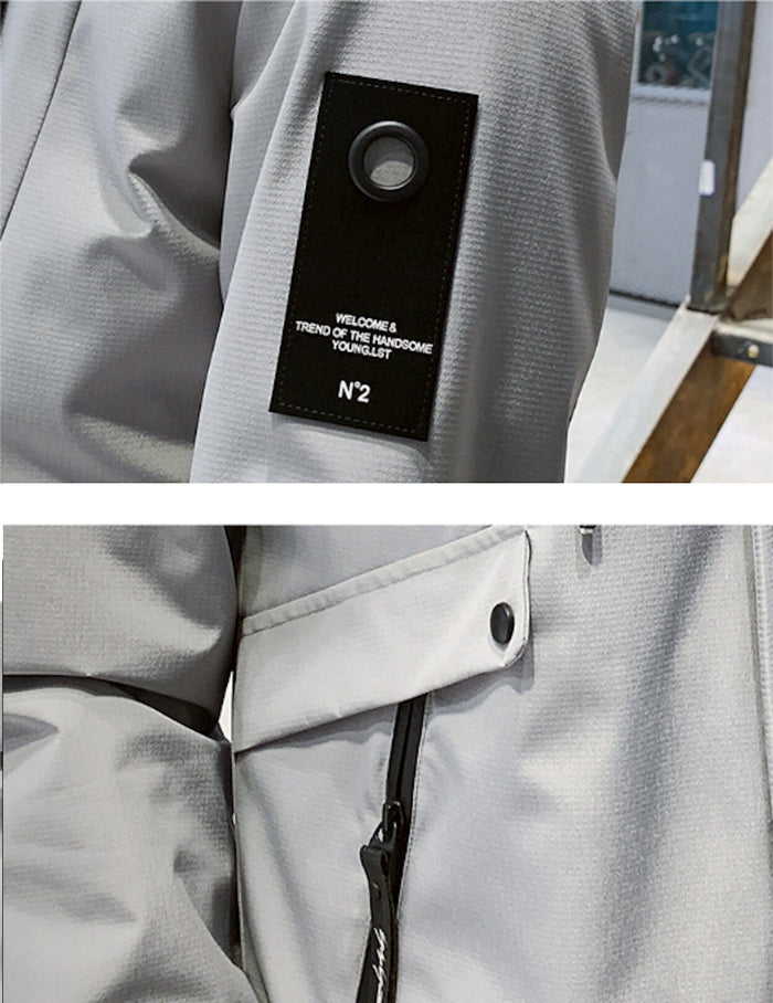 Windproof Hooded Jacket for Men: light gray, black hooded zip-up jacket, minimal casual outdoor style