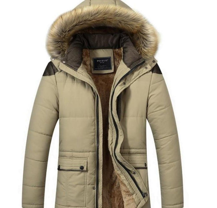 Winter Hooded Coat for Men in Beige: beige, brown hooded puffer jacket, winter outerwear style