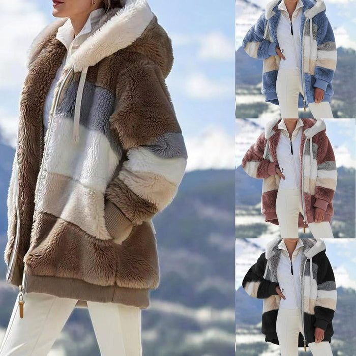 Winter Hooded Fleece Jacket for Women: brown, cream hooded color-block jacket, casual cozy style