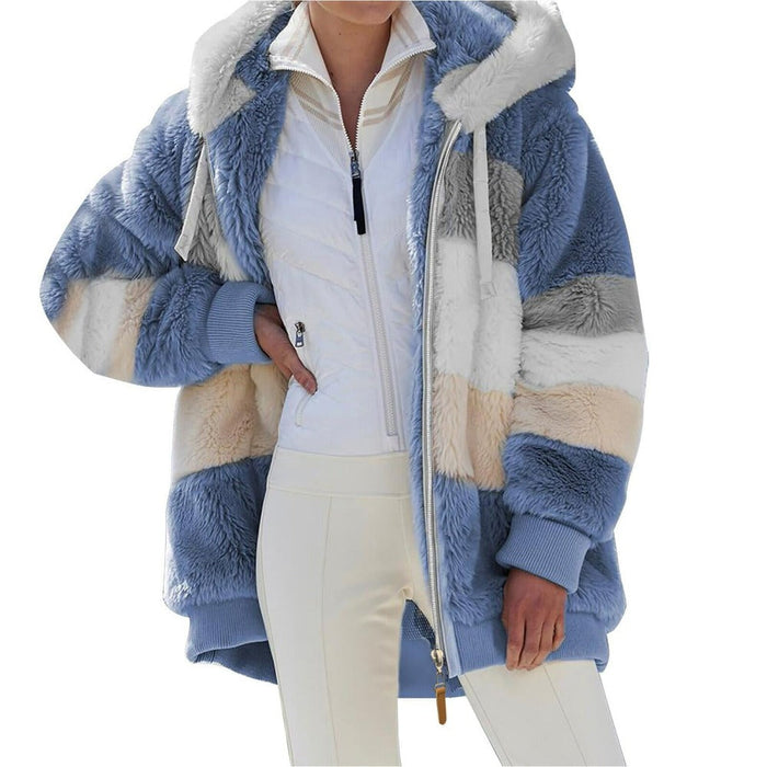 Winter Hooded Fleece Jacket for Women: brown, cream hooded color-block jacket, casual cozy style