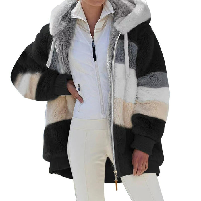 Winter Hooded Fleece Jacket for Women: brown, cream hooded color-block jacket, casual cozy style