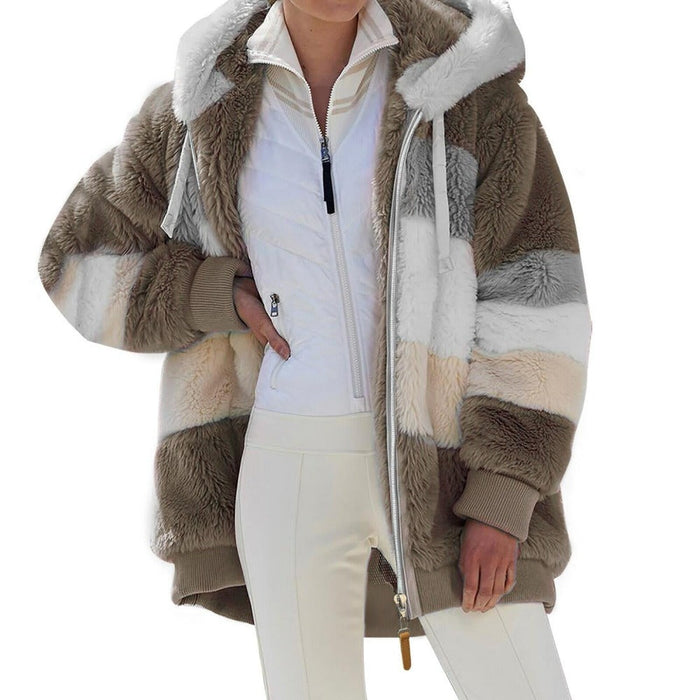 Winter Hooded Fleece Jacket for Women: brown, cream hooded color-block jacket, casual cozy style