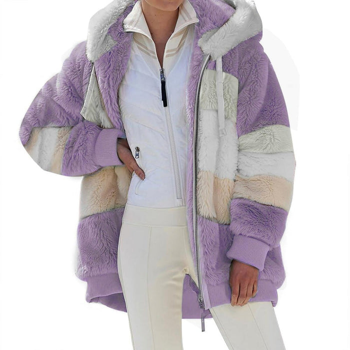 Winter Hooded Fleece Jacket for Women: brown, cream hooded color-block jacket, casual cozy style