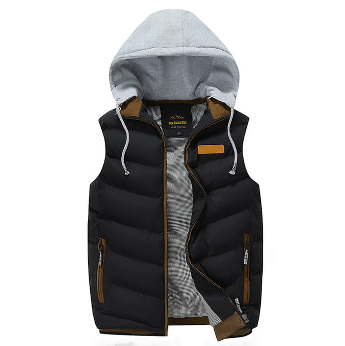 Winter Puffer Vest for Men in Khaki with Detachable Hood: cream, light gray hooded puffer vest layered over a hooded knit top