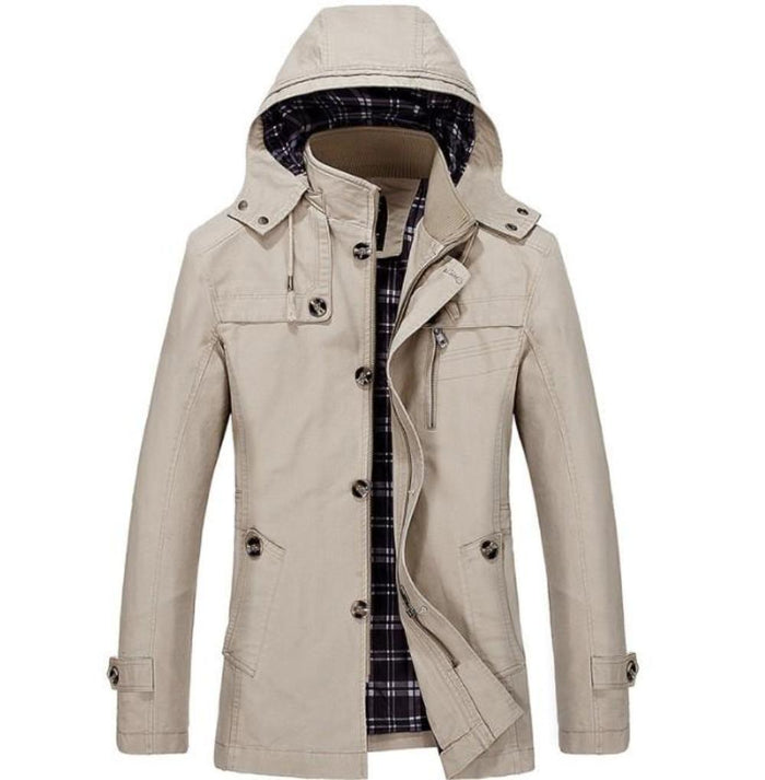 Winter Trench Coat with Mid Length and Hood for Men: beige, black hooded jacket, casual military-inspired style