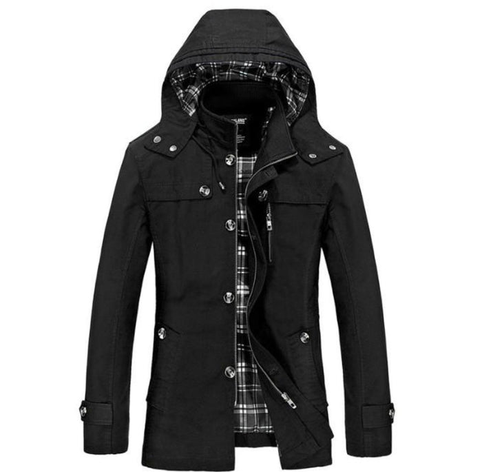 Winter Trench Coat with Mid Length and Hood for Men: beige, black hooded jacket, casual military-inspired style