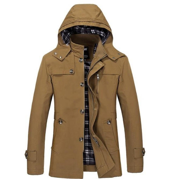Winter Trench Coat with Mid Length and Hood for Men: beige, black hooded jacket, casual military-inspired style