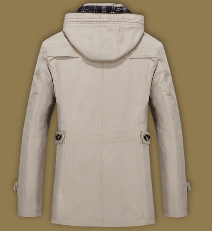 Winter Trench Coat with Mid Length and Hood for Men: beige, black hooded jacket, casual military-inspired style