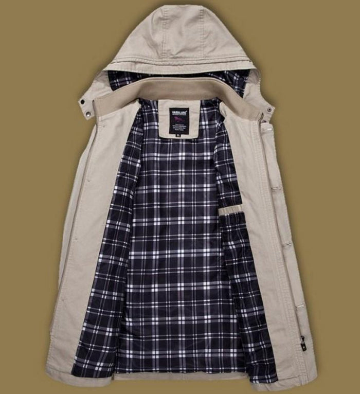 Winter Trench Coat with Mid Length and Hood for Men: beige, black hooded jacket, casual military-inspired style