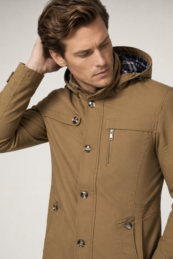 Winter Trench Coat with Mid Length and Hood for Men Brown