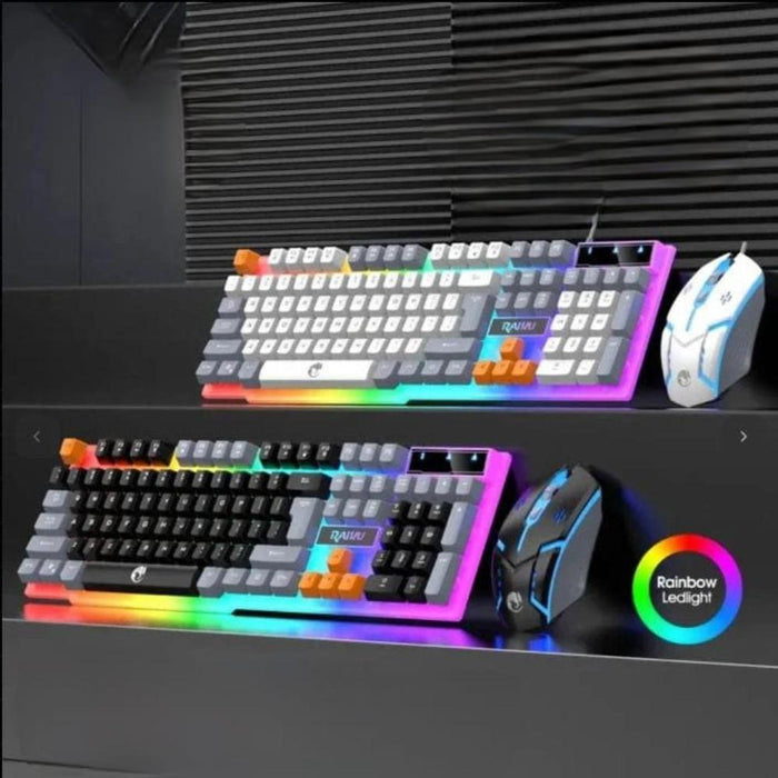 Wired Gaming Keyboard and Mouse Set with 104 LED Keys: black, white RGB-backlit computer keyboard and mouse set, gaming style