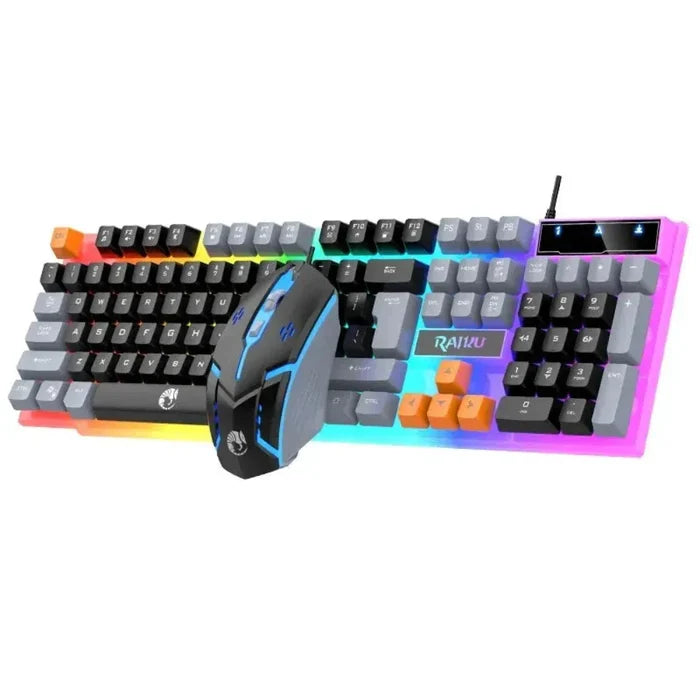Wired Gaming Keyboard and Mouse Set with 104 LED Keys: black, white RGB-backlit computer keyboard and mouse set, gaming style