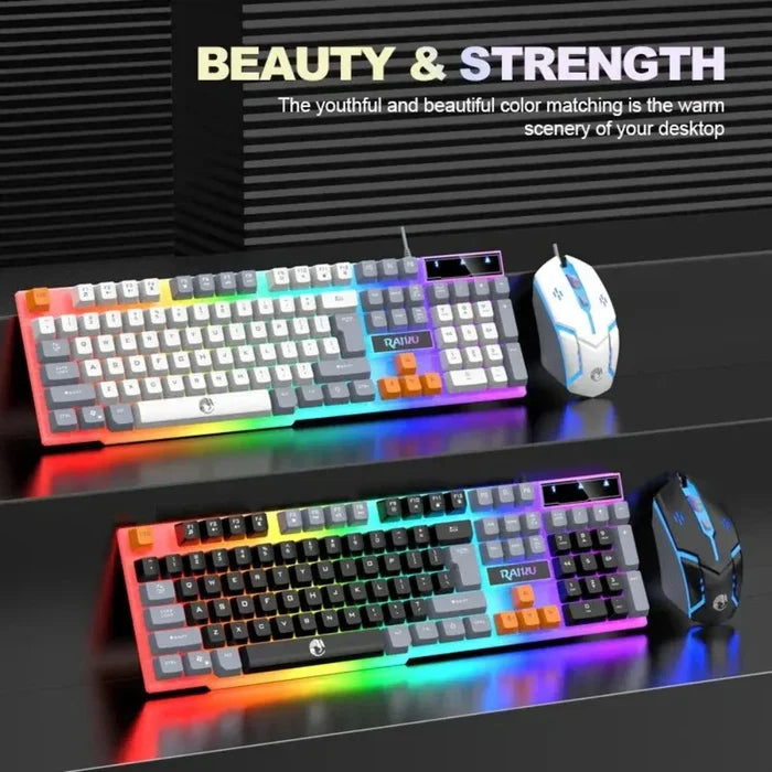Wired Gaming Keyboard and Mouse Set with 104 LED Keys: black, white RGB-backlit computer keyboard and mouse set, gaming style