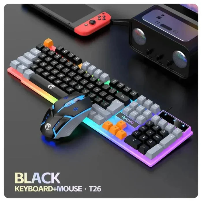 Wired Gaming Keyboard and Mouse Set with 104 LED Keys: black, white RGB-backlit computer keyboard and mouse set, gaming style