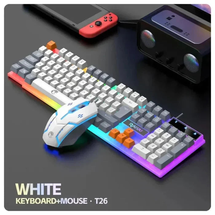 Wired Gaming Keyboard and Mouse Set with 104 LED Keys: black, white RGB-backlit computer keyboard and mouse set, gaming style