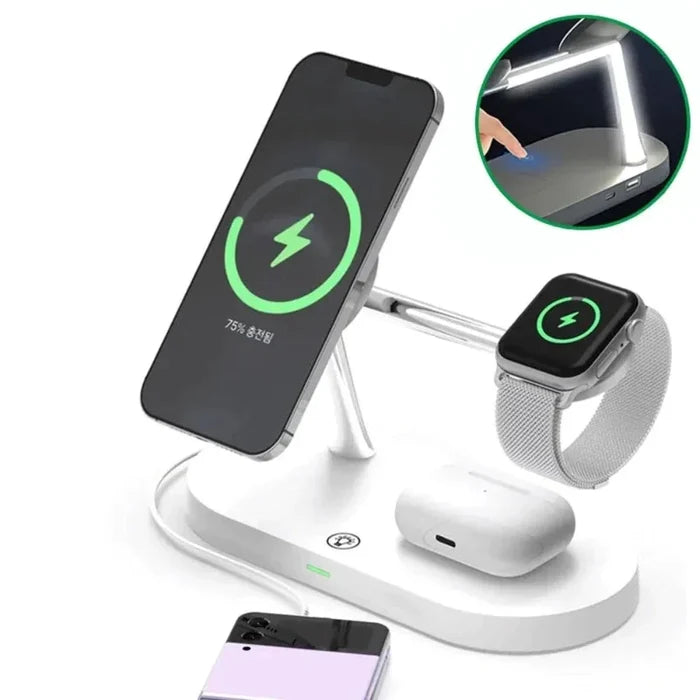 Wireless Charging Lamp Station for iPhone with Magnetic Connectivity: white, silver multi-device wireless charging stand, min