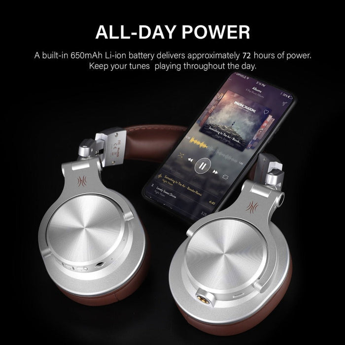 Wireless Fusion Headphones with Bluetooth Connectivity: silver, brown over-ear headphones, modern premium style