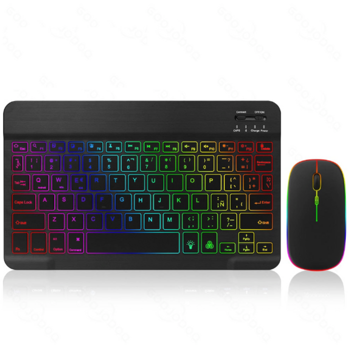 Wireless Keyboard and Mouse with RGB Lighting: black, multicolor rainbow lighting keyboard and mouse set, modern gaming style